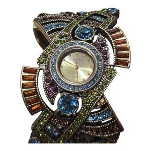 Heidi Daus Hinged Cuff Art Deco Bronze Metal Swarovski Crystal Bracelet Watch